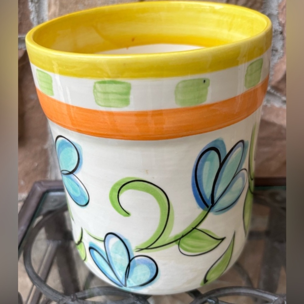 Vintage Signed Vicki Carroll Bloomin’ Blossoms Hand Painted Floral Utensil Crock